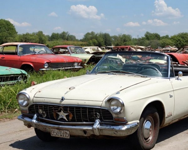 Weathered Convertible in Vintage Car Junkyard Scene