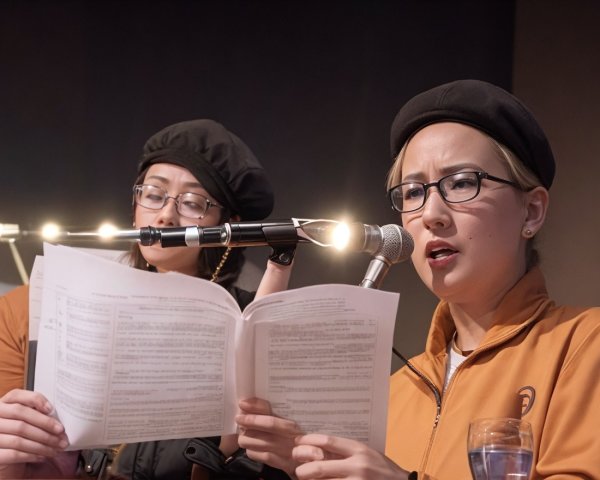 Two people in berets and glasses reading from a book on a softly lit background.
