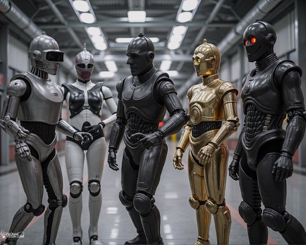 Humanoid Robots in a Modern Industrial Corridor