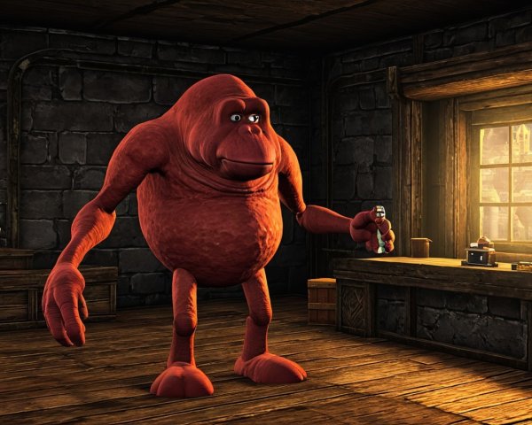 Cartoonish Red Creature in Rustic Wooden Room