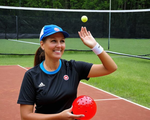 Woman on Tennis Court Balancing Green Tennis Ball