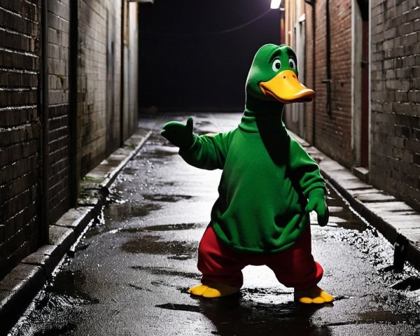 Brightly Colored Duck Mascot in Dimly Lit Alley