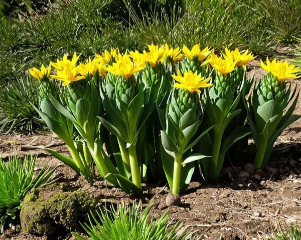 Close-up of Yellow Flowers and Green Foliage in Soil