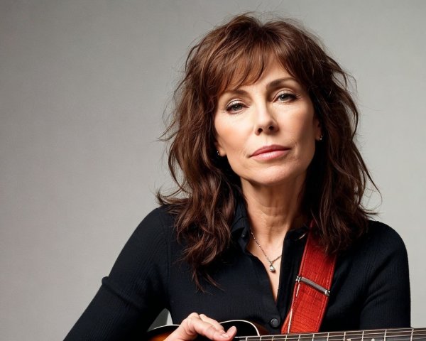Woman with Guitar in Soft Gray Background