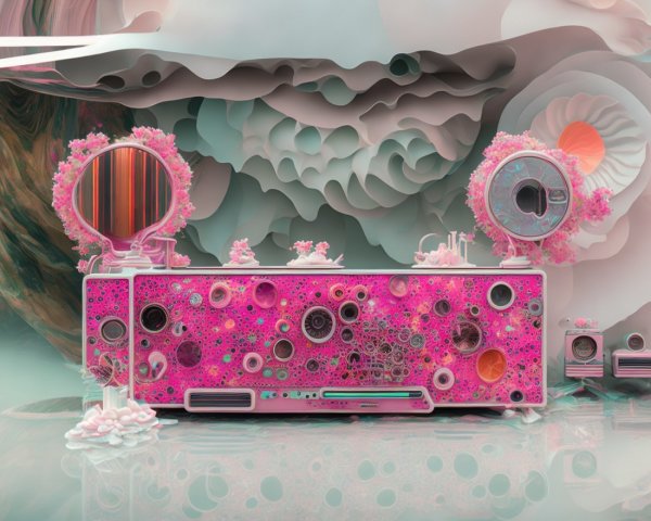 Surreal Landscape with Floral Console and Pastel Colors