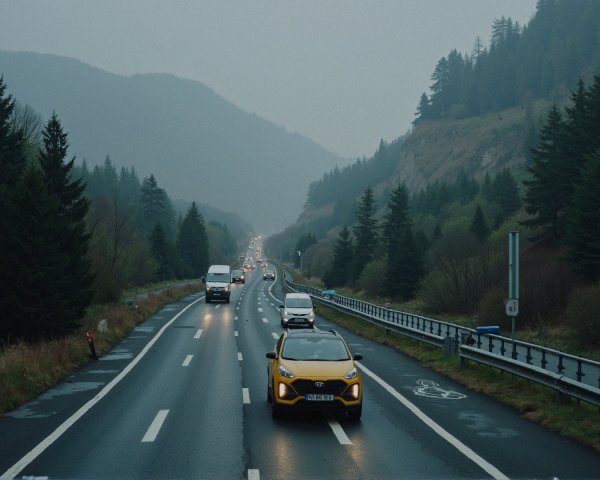 Misty Highway Through Mountainous Evergreen Landscape