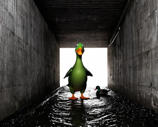 Cartoonish green duck in a dimly lit tunnel scene
