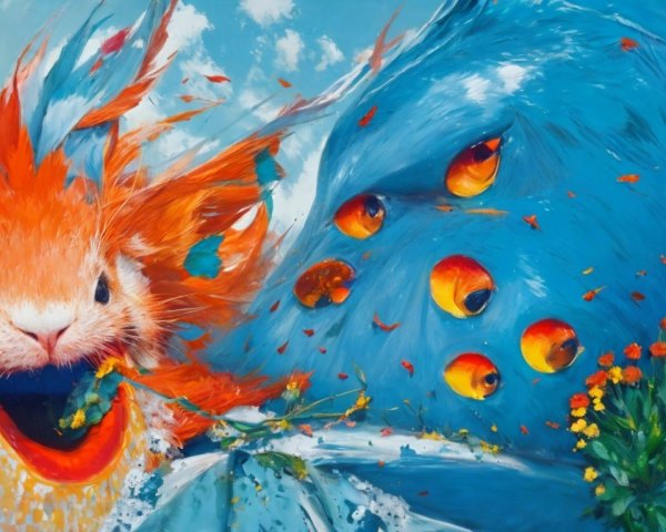 Colorful painting: Orange creature meets blue entity with multiple eyes