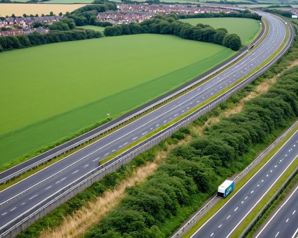 Aerial View of Winding Motorway and Green Landscape