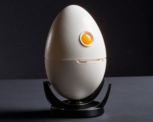 White Egg-Shaped Device on Black Stand with Orange Button