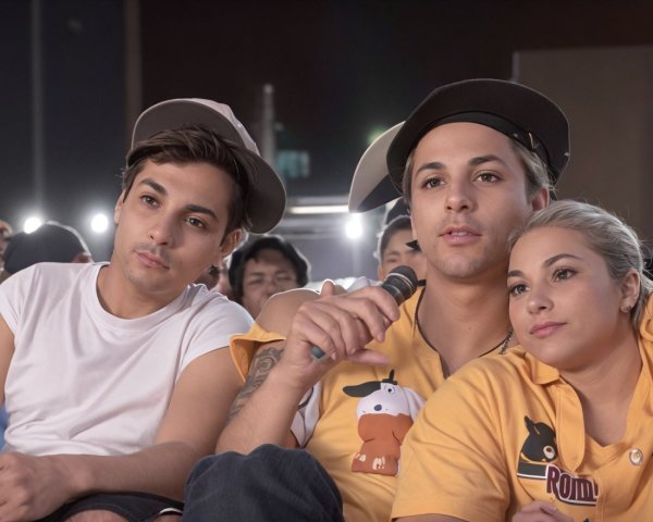 Three young adults in visor hats with microphones, one in yellow shirt with cartoon dog, focus