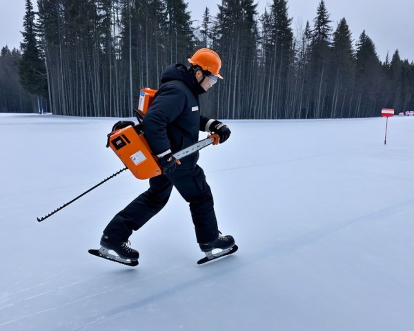 Person Ice Skating with Chainsaw Drill on Frozen Lake