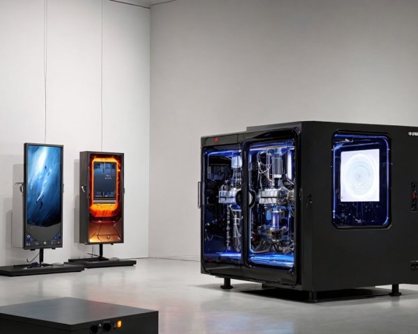 Modern Exhibition Space with High-Tech Machine and Screens