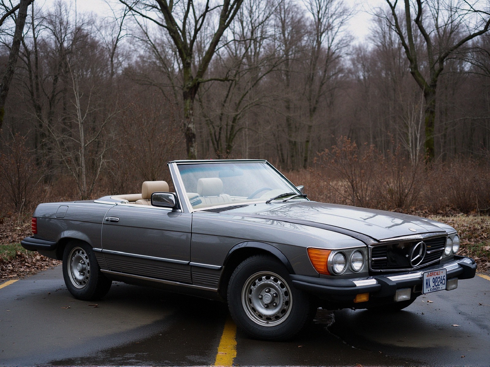 Classic Gray Convertible Car on Wet Winding Road