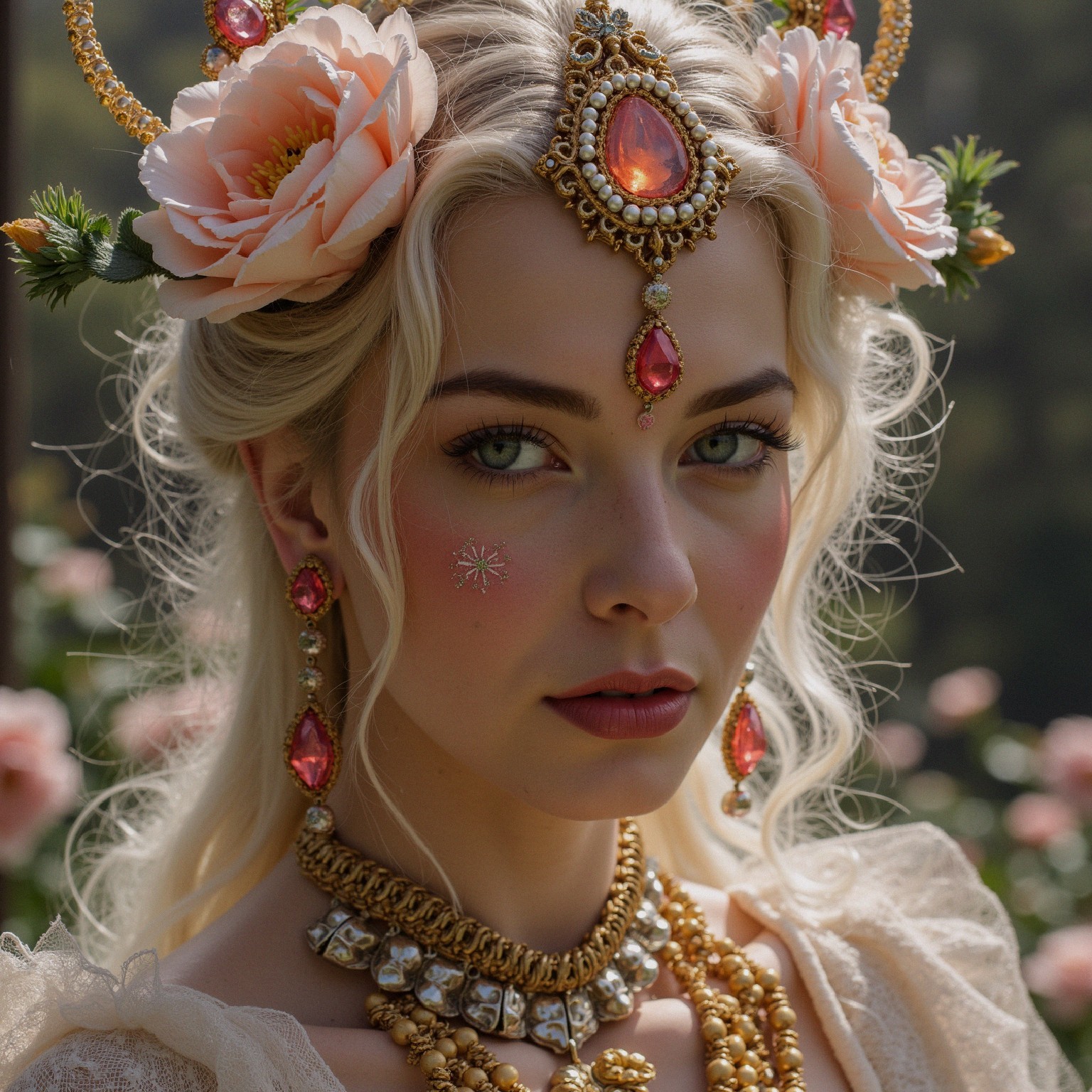 Young woman in garden with flowers and jewelry