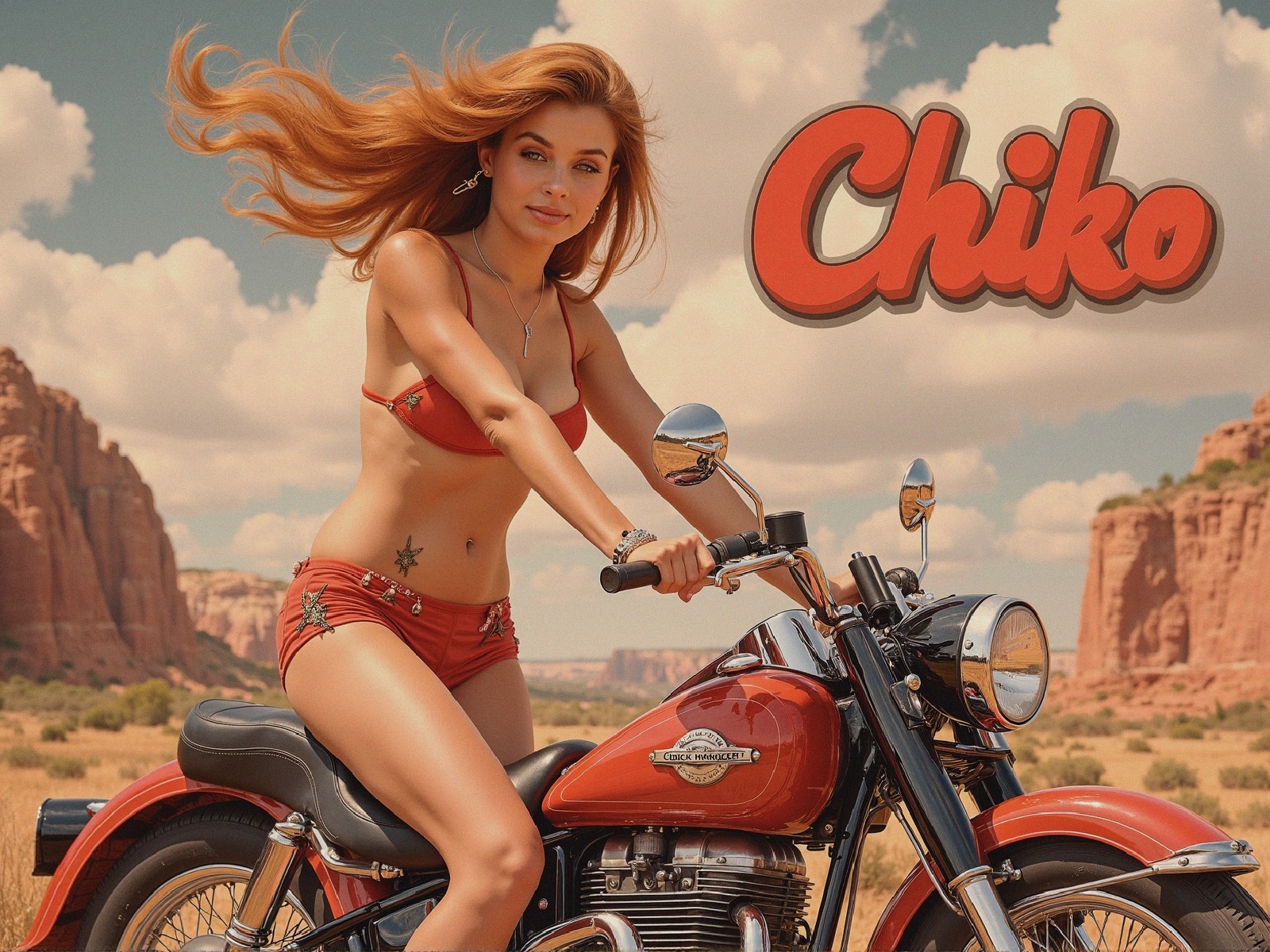 Woman on Vintage Motorcycle in Desert Landscape