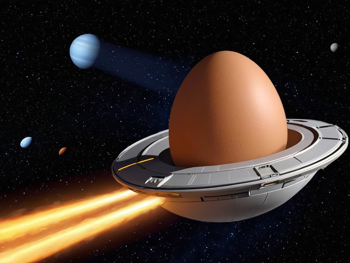 Futuristic spacecraft with egg-shaped object and flames