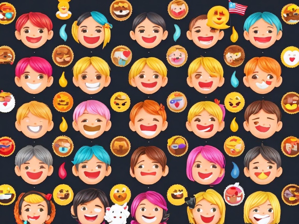 Colorful Cartoon Faces with Various Expressions and Icons