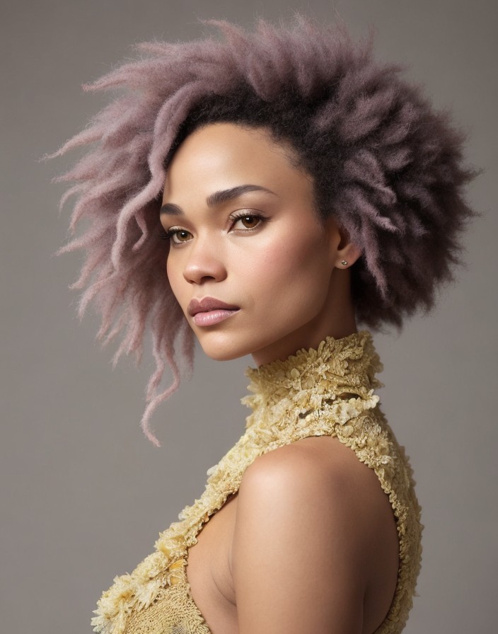 Portrait of a person with curly pink hair and yellow top