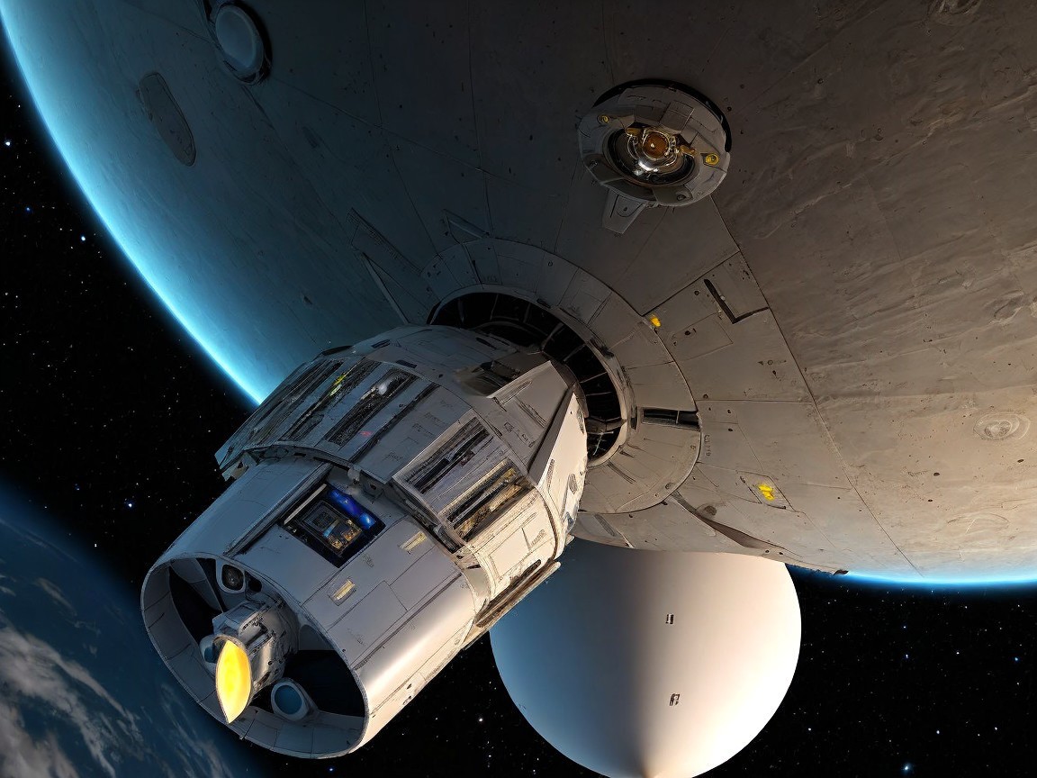 Futuristic Spacecraft Docked with Celestial Body