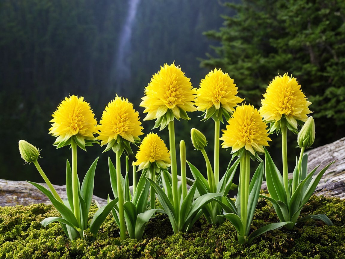 Mossy Ground with Yellow Flowers in Forest Setting