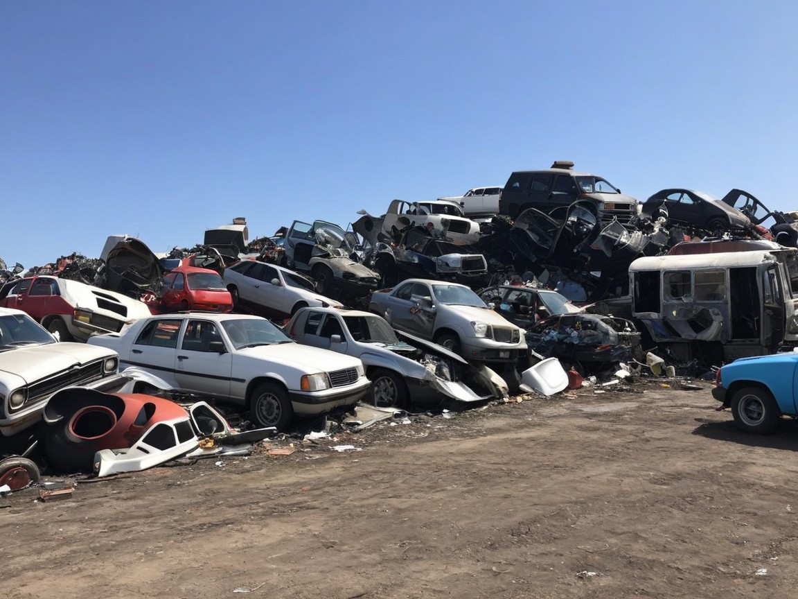 Junkyard with Discarded Vehicles Under Clear Sky