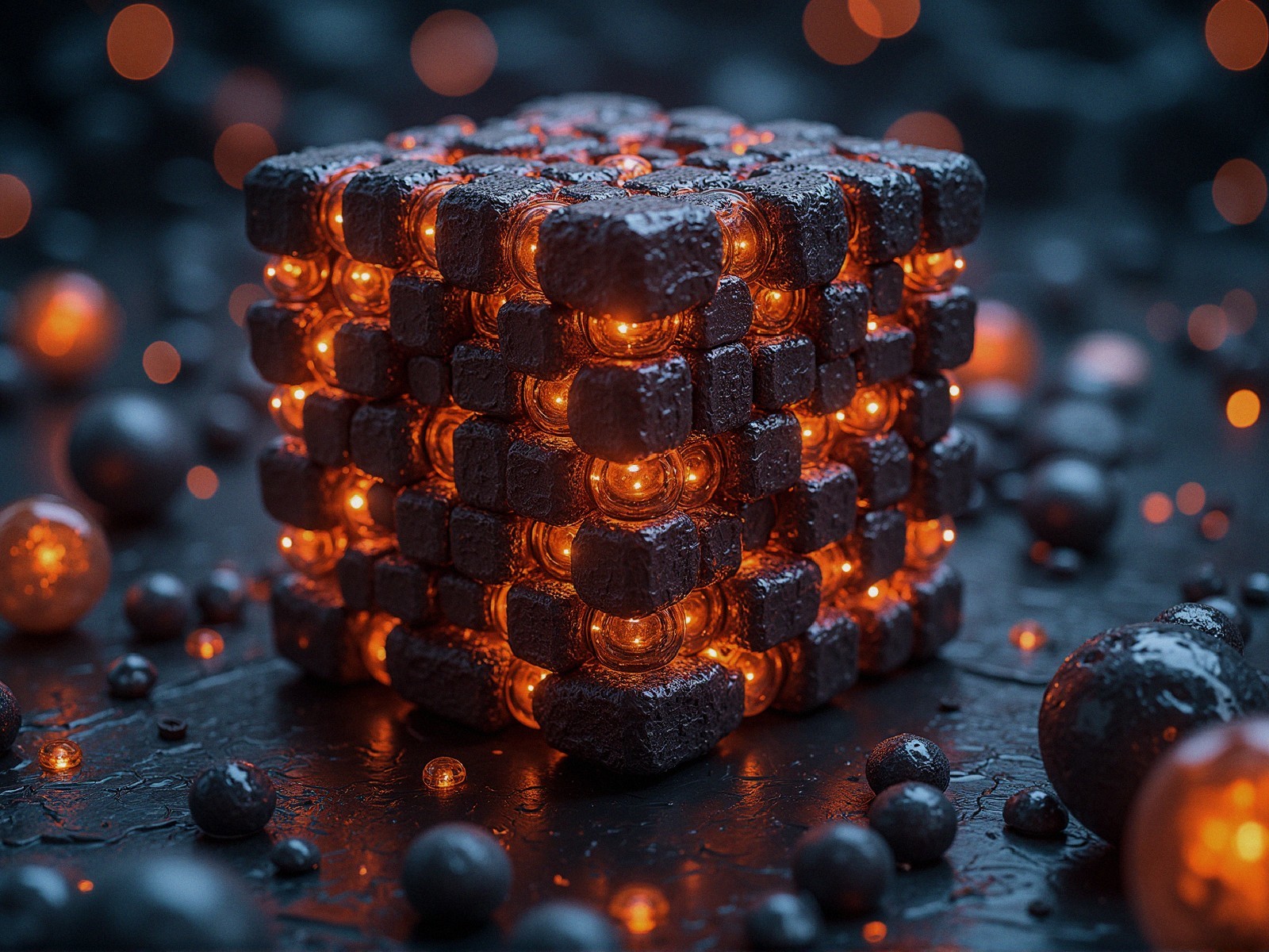 3D Cube with Textured Black Blocks and Orange Light