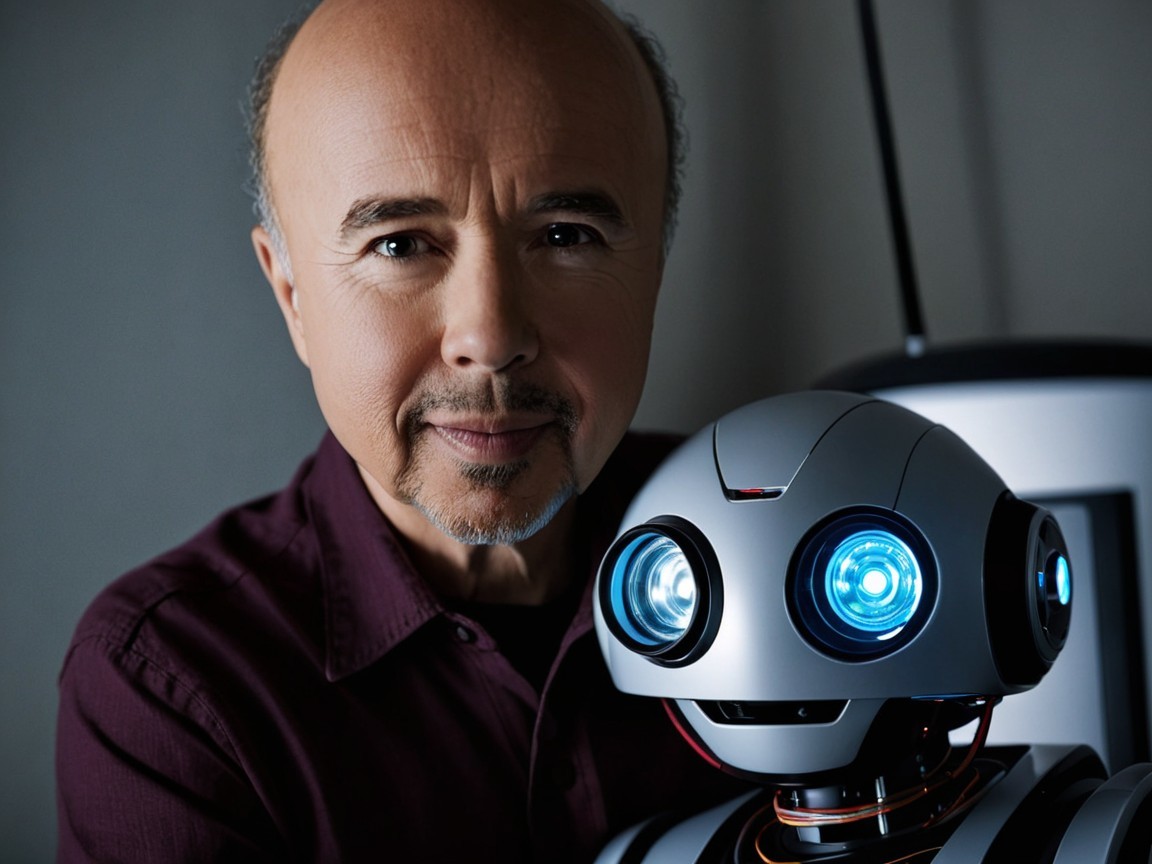 Middle-aged man with robot companion in soft focus