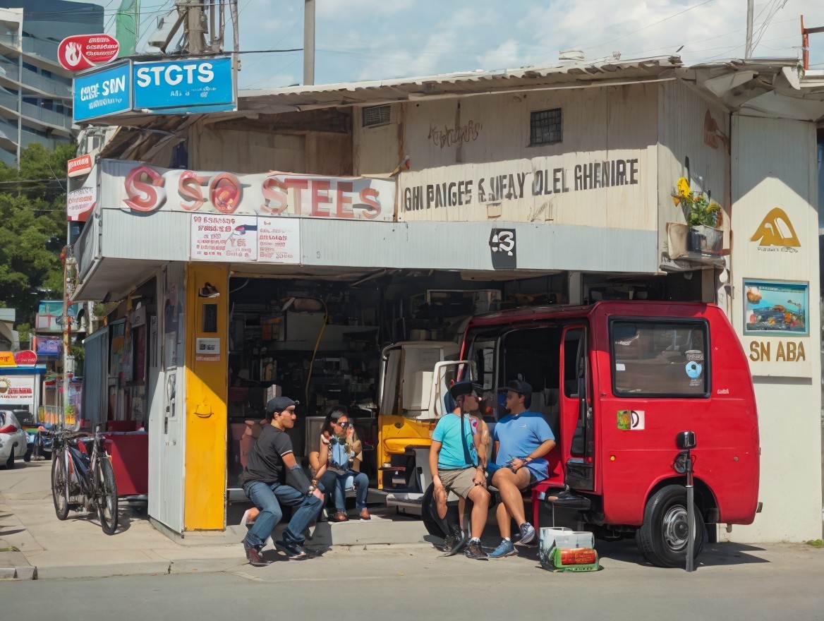 Group of people chatting outside rustic shop with red vehicle under clear blue sky