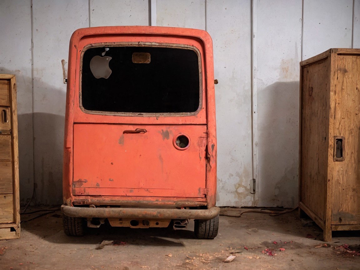 Rusty Orange Vehicle with Unique Apple Logo Cut-Out