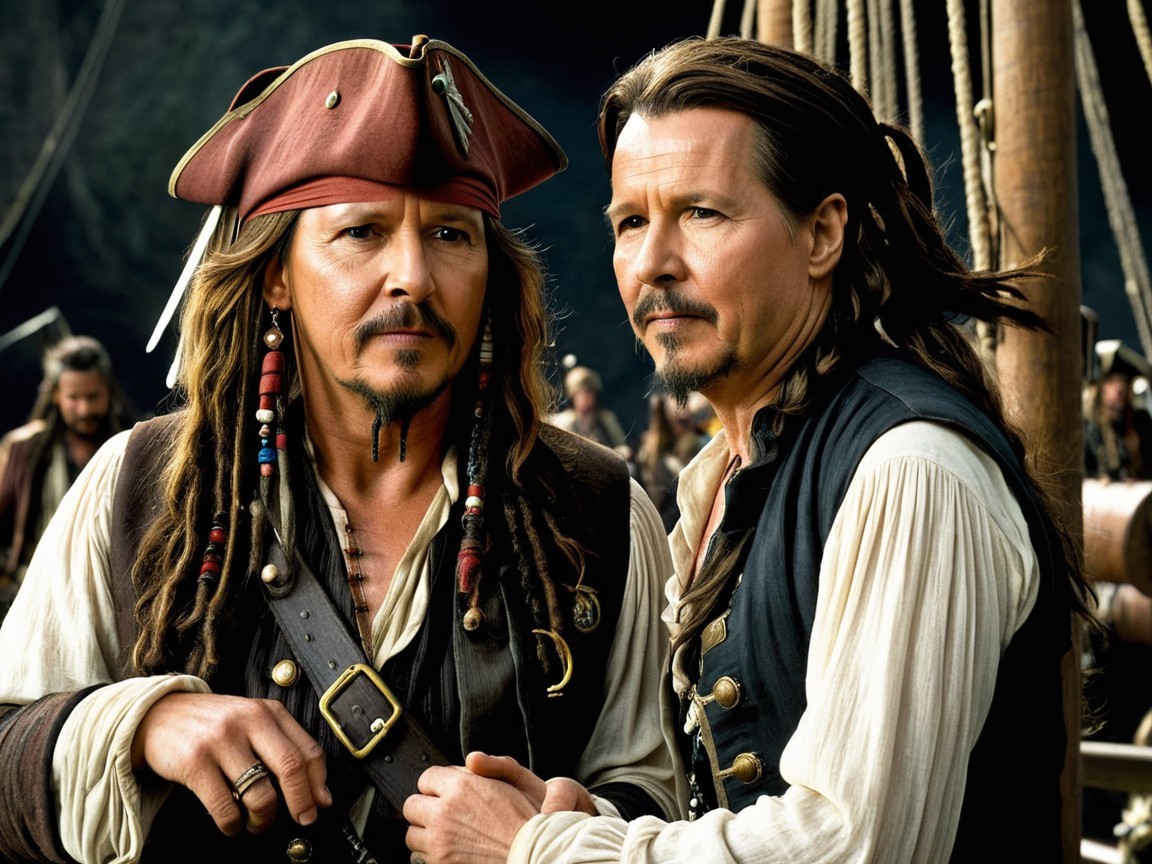 Pirates in Traditional Attire on a Ship with Crew