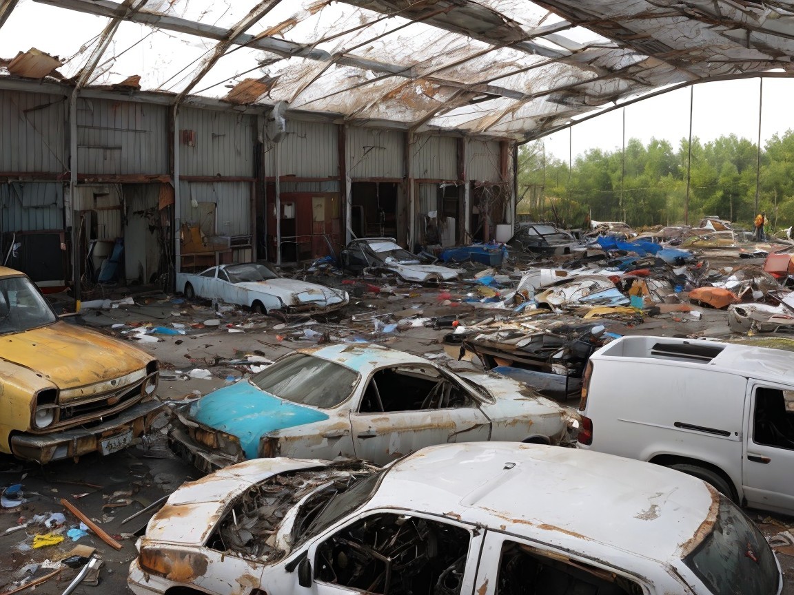 Abandoned warehouse with rusted vehicles and decay