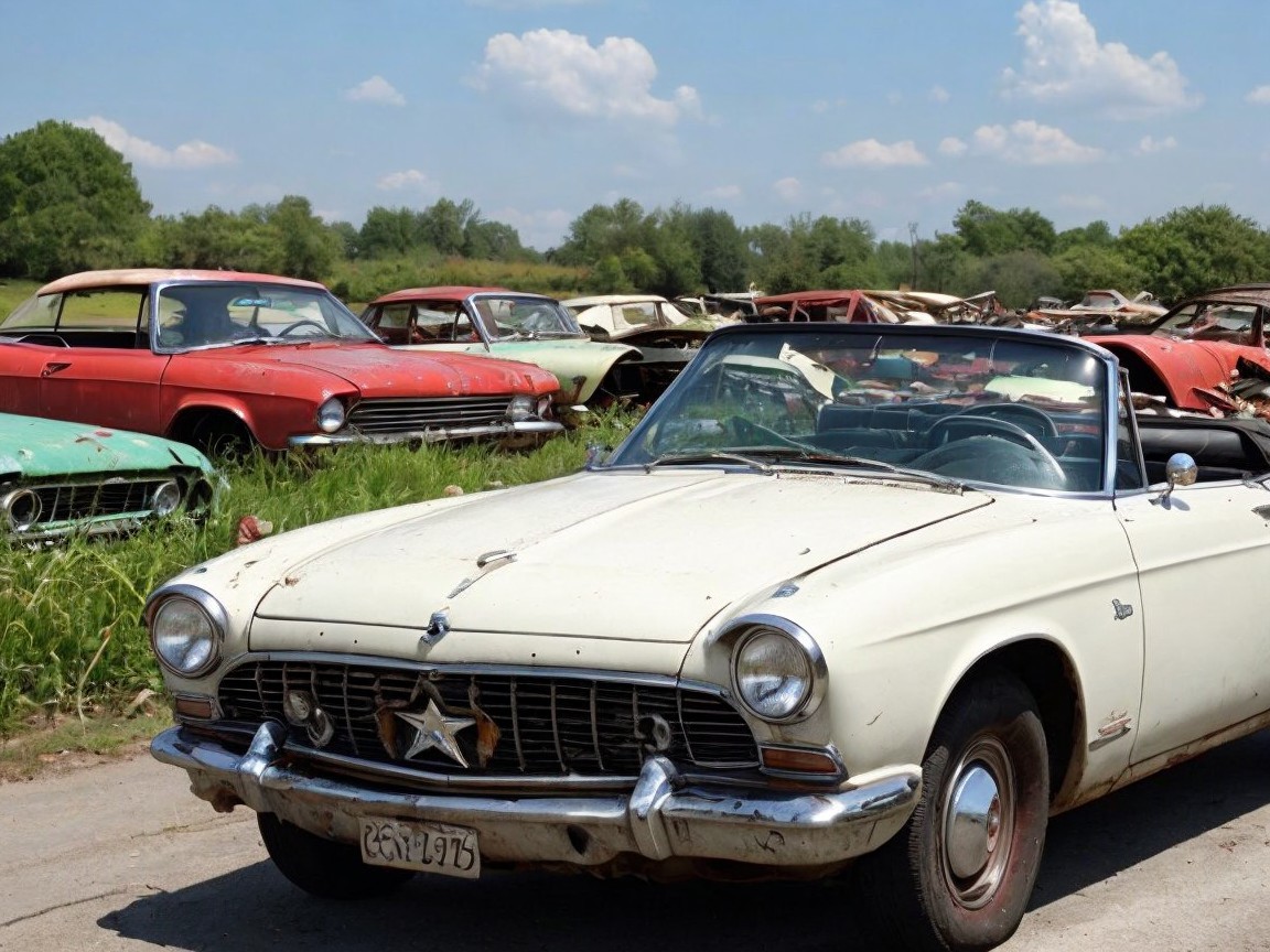 Weathered Convertible in Vintage Car Junkyard Scene