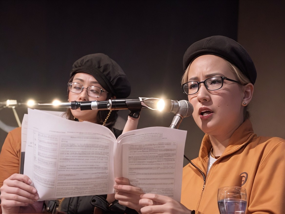 Two people in berets and glasses reading from a book on a softly lit background.