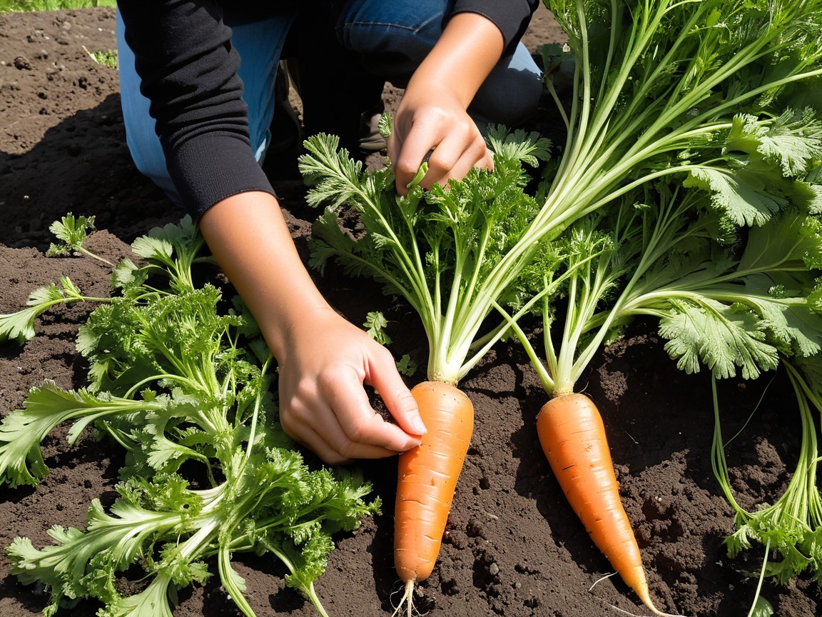 Kneeling in Soil to Harvest Vibrant Orange Carrots