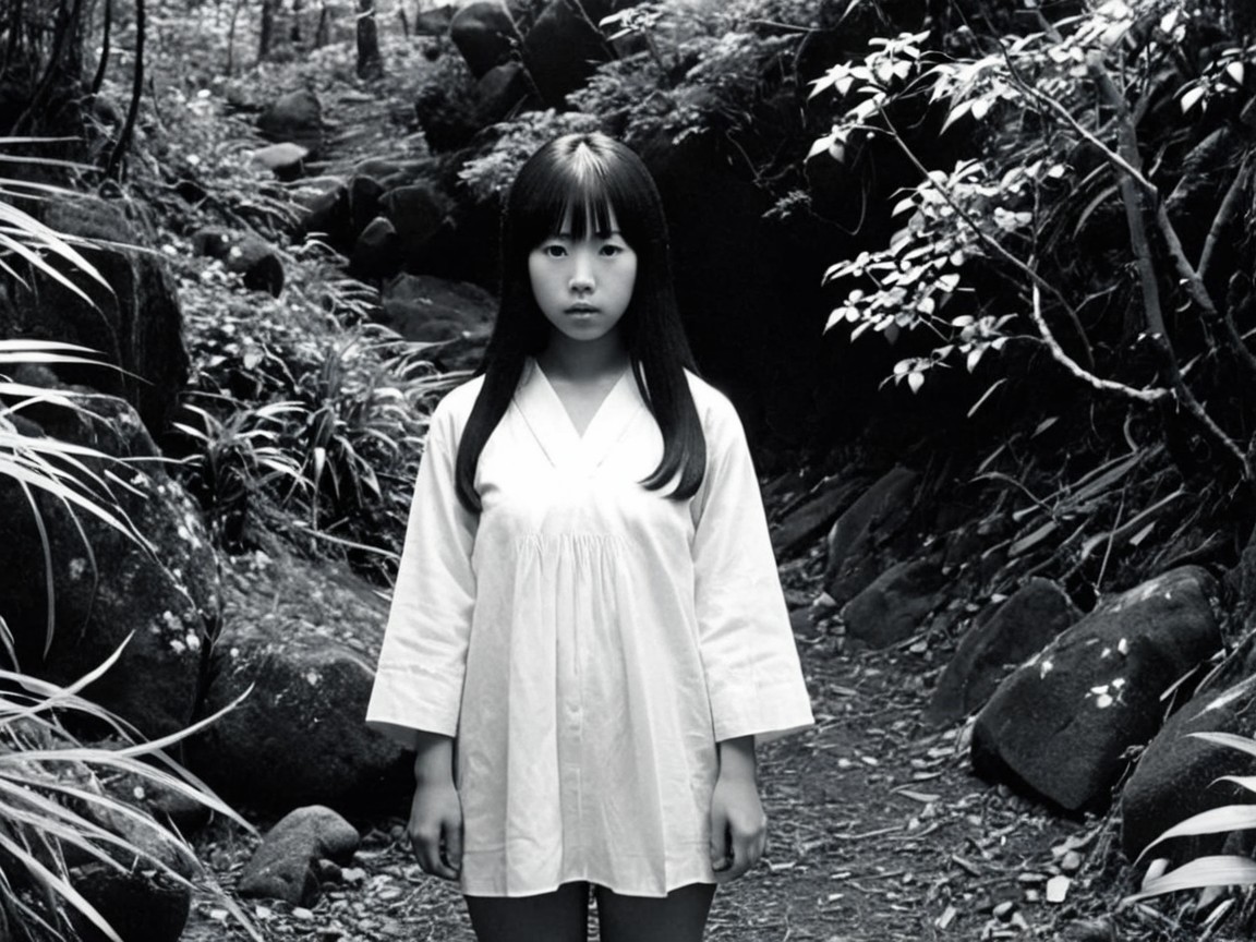Young girl in shadowy forest with eerie atmosphere