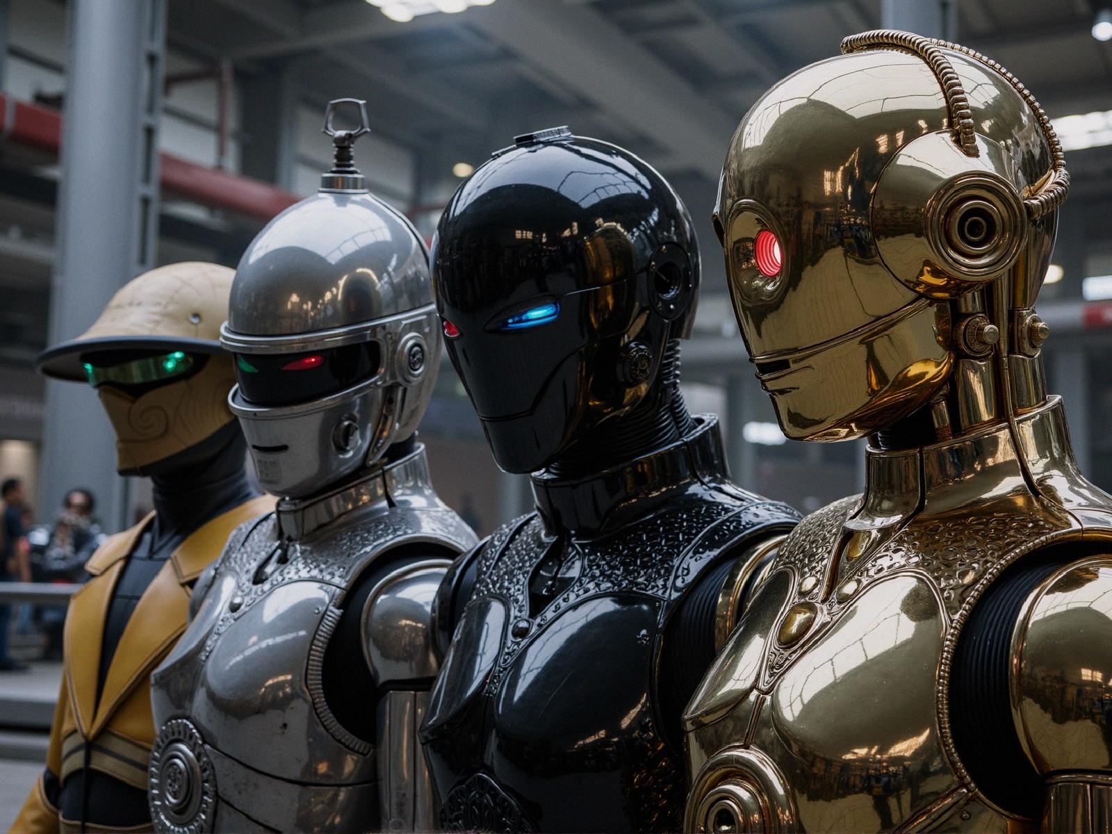 Lineup of Four Futuristic Robotic Figures in Colors