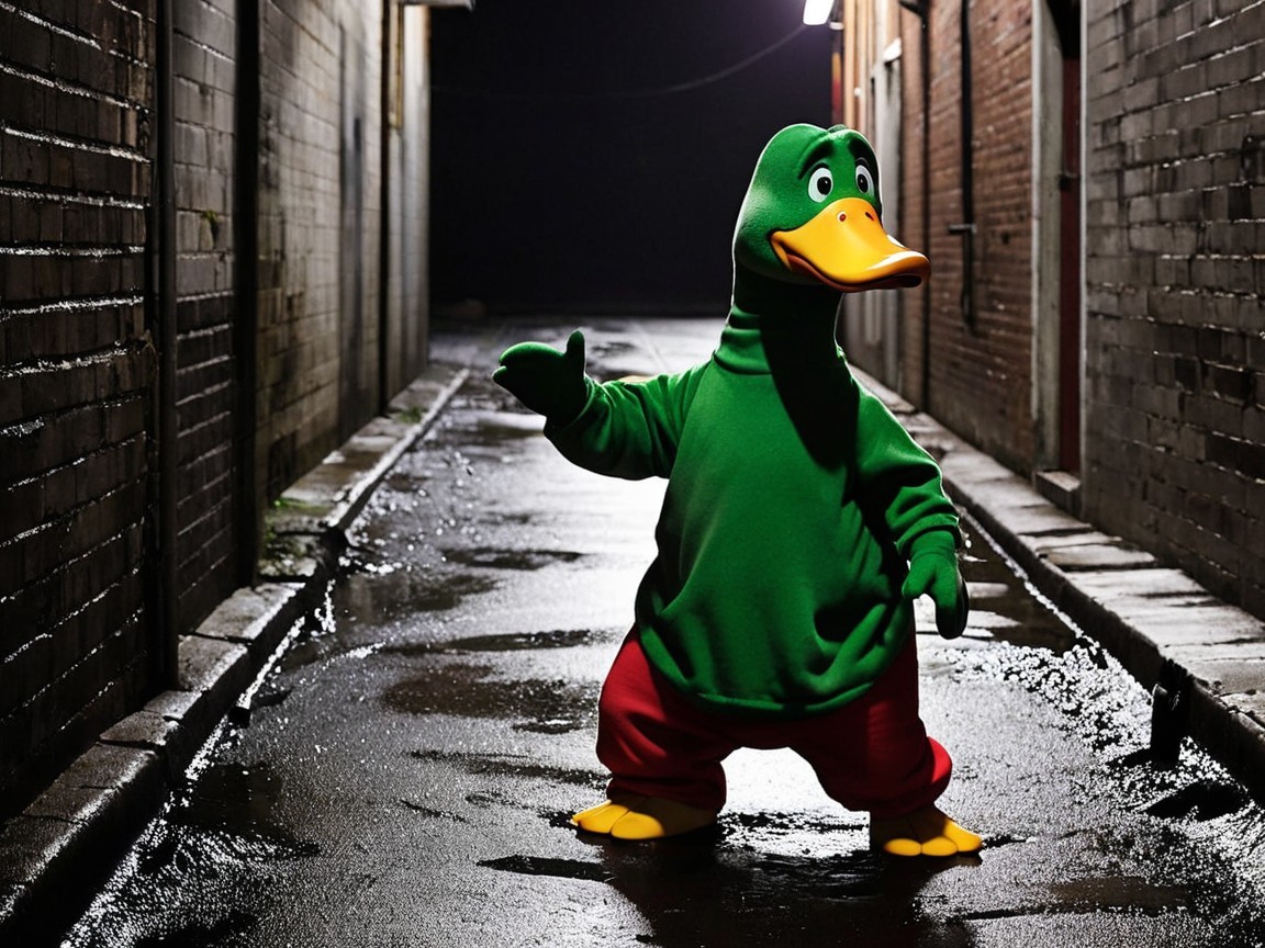 Brightly Colored Duck Mascot in Dimly Lit Alley