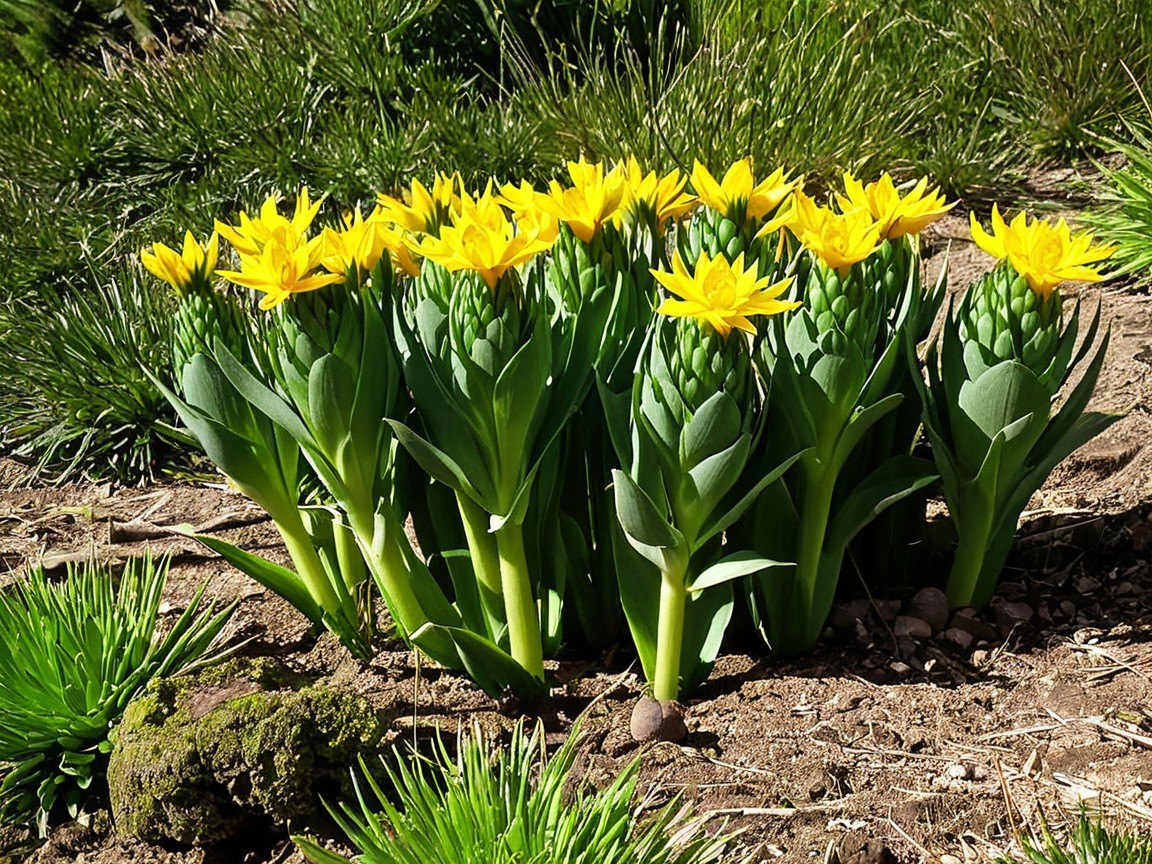 Close-up of Yellow Flowers and Green Foliage in Soil