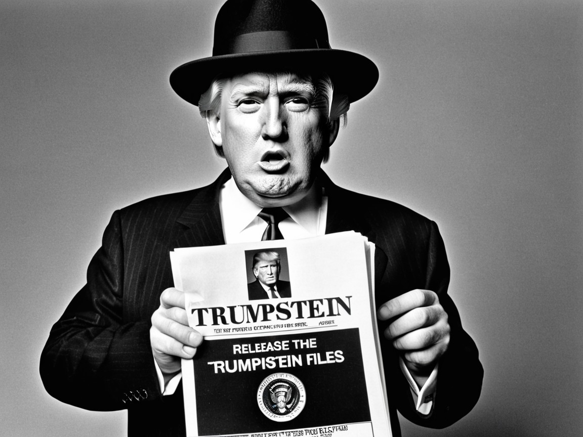 Black-and-white image of man with newspaper "TRUMPSTEIN