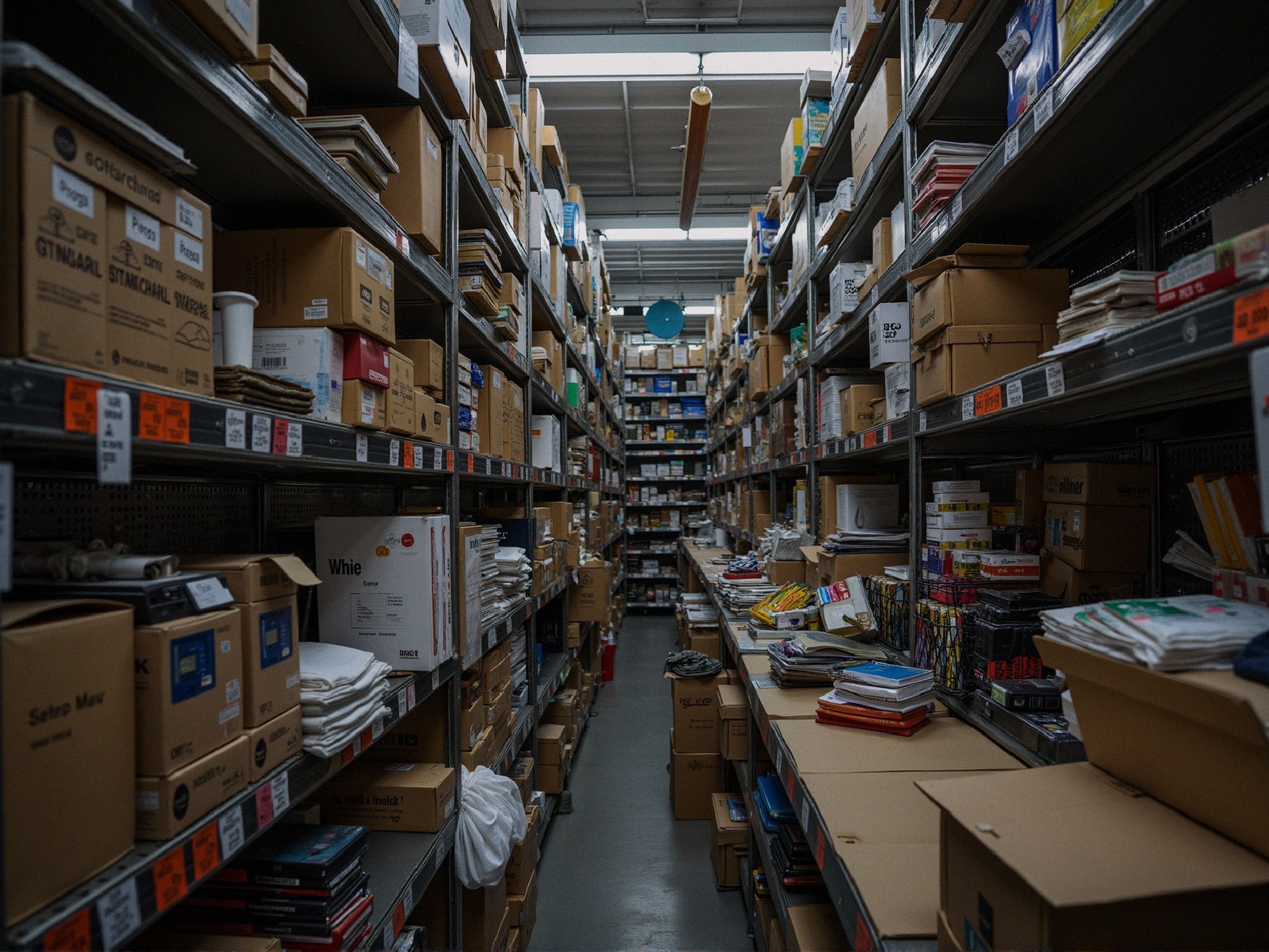 Cluttered Warehouse Aisle with Overflowing Supplies