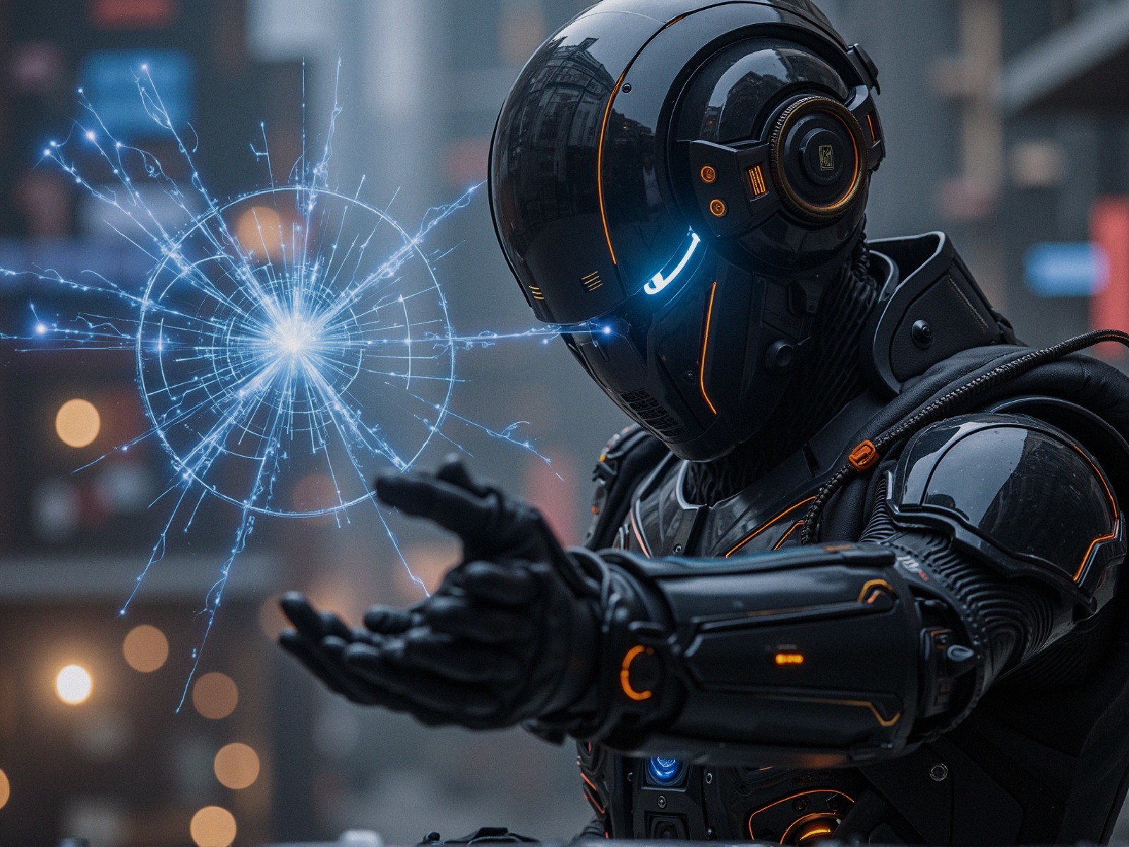 Futuristic Robot with Energy Sphere in Urban Setting