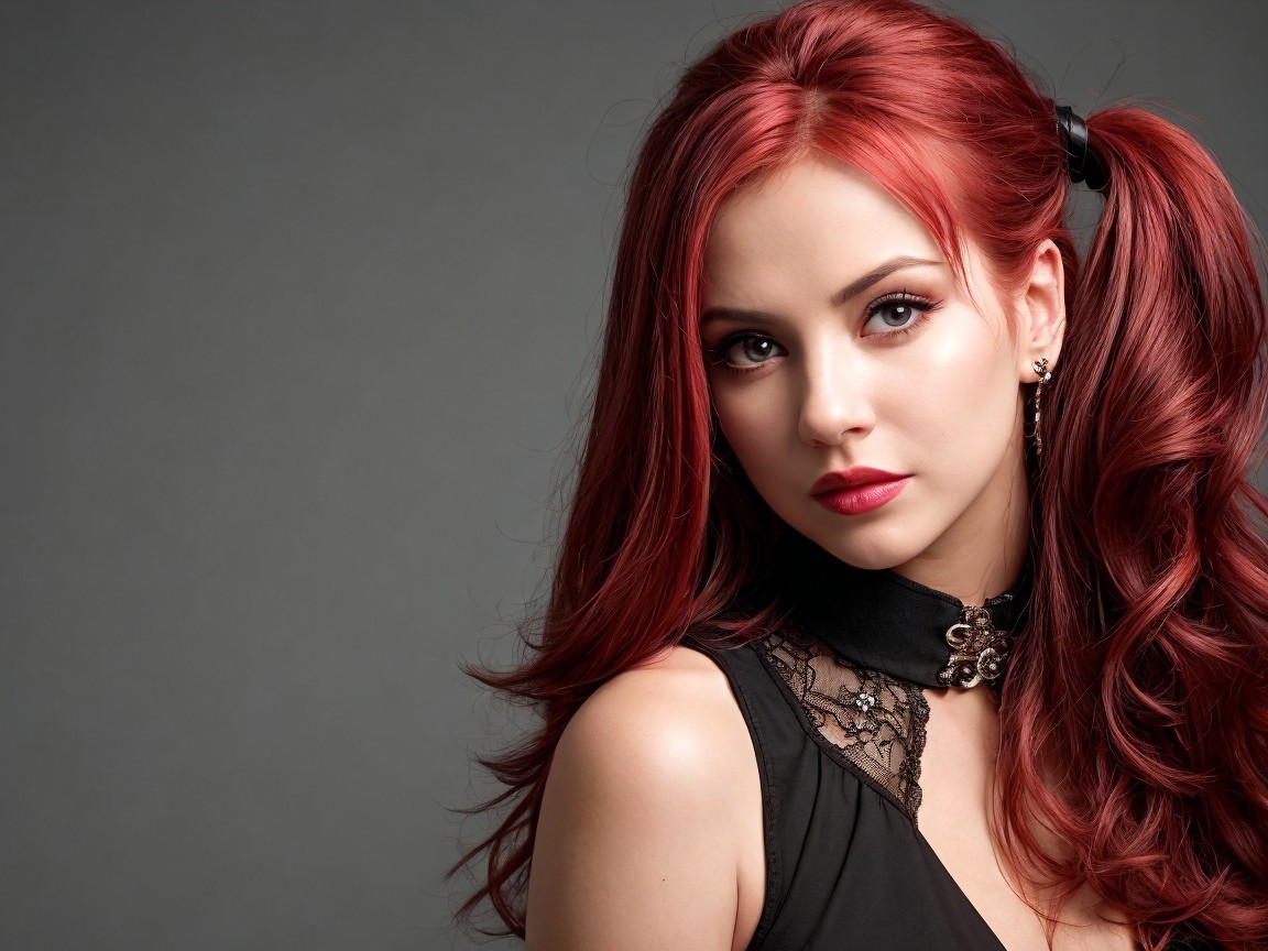 Young woman with red hair in lace outfit and choker