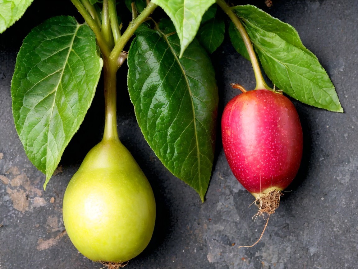 Two Fresh Fruits on a Branch with Green Leaves
