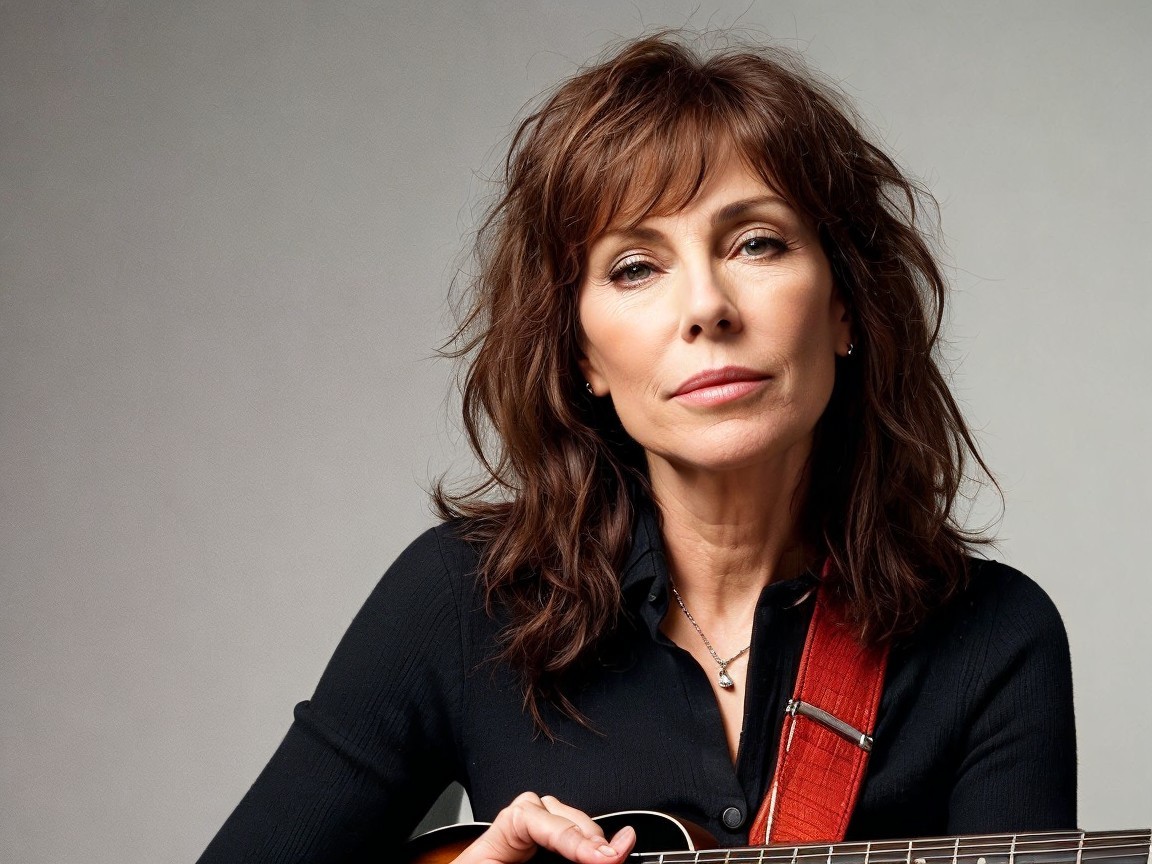 Woman with Guitar in Soft Gray Background