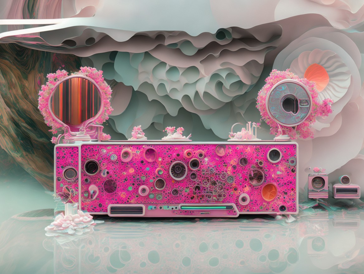 Surreal Landscape with Floral Console and Pastel Colors