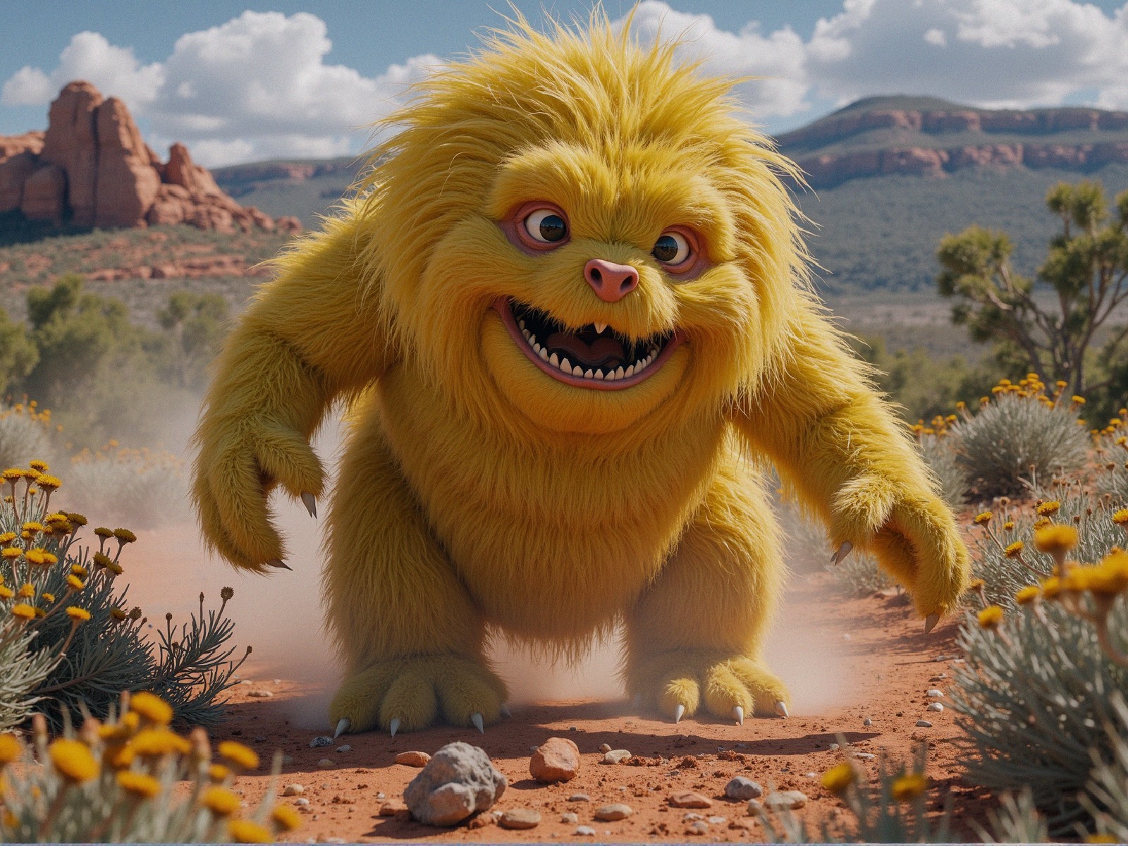 Cheerful yellow creature in vibrant desert landscape