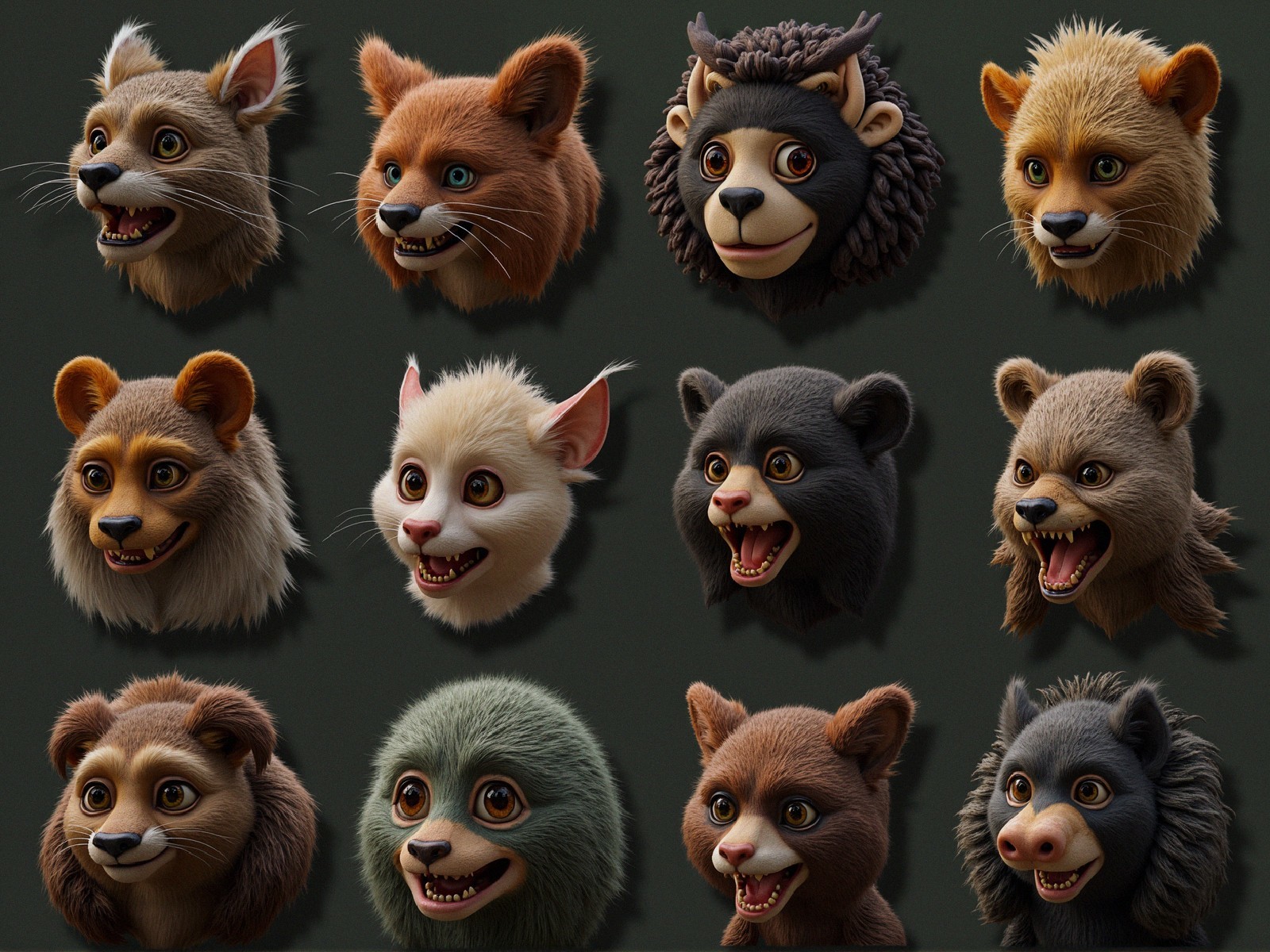 Twelve Cartoonish Animal Head Sculptures in Vibrant Colors