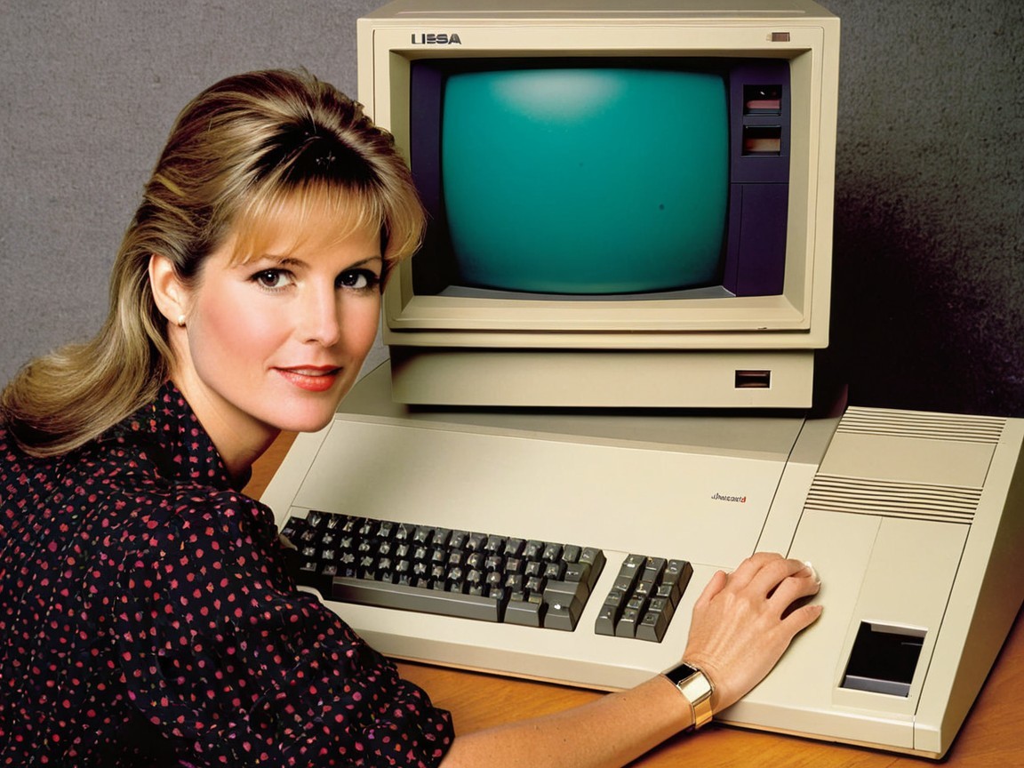 Woman with Blonde Hair at 1980s Computer Setup