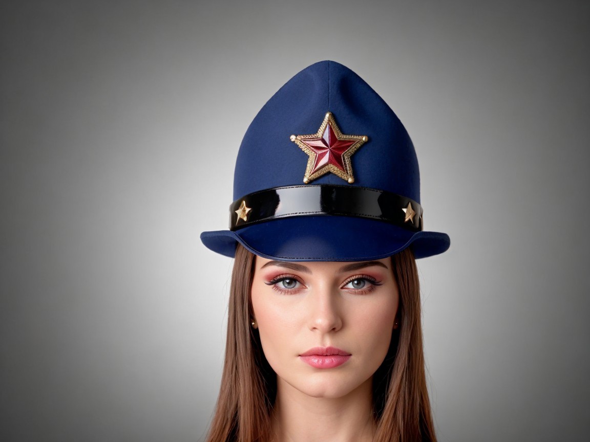 Woman in Blue Police Hat with Red and Gold Accents